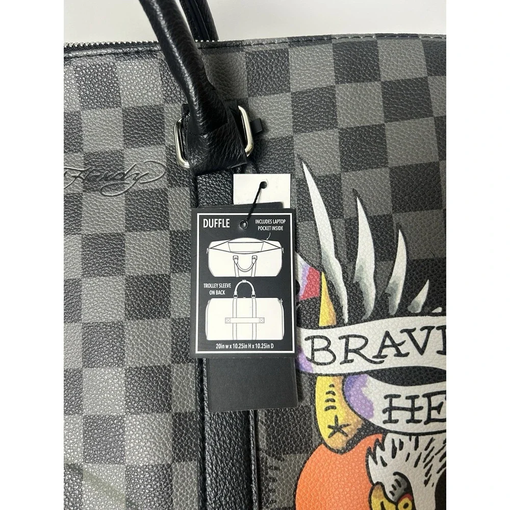 Ed Hardy Checked Duffle Weekender Travel Bag 'Brave Hearts Stay True'